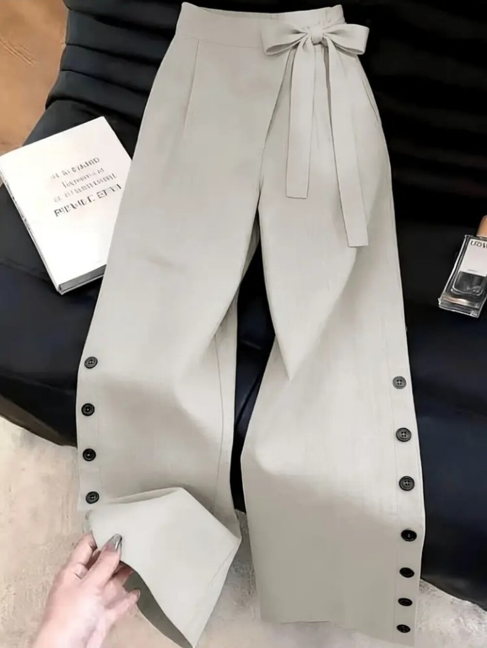 Women'S Solid Color Wide-Leg Pants with Bow Tie/Button Detail